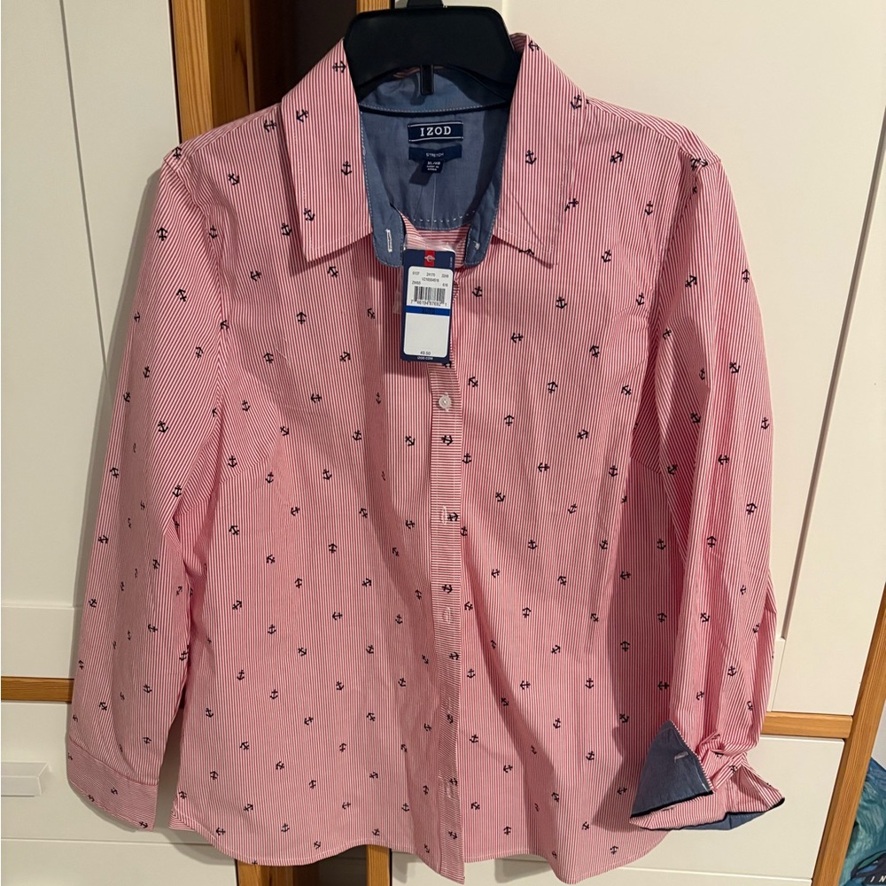 Women’s XL Izod Blue and Red Striped Shirt with Anchor pattern